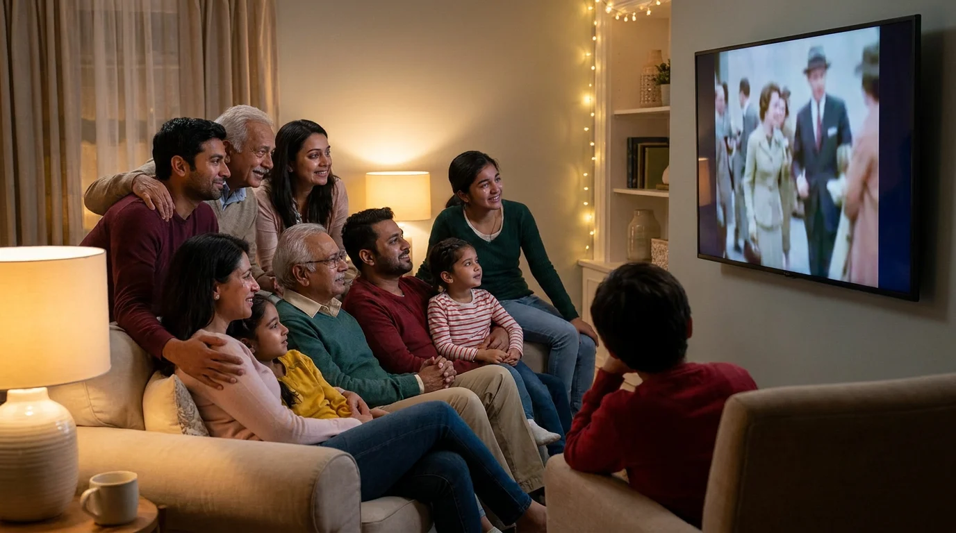 Family watching a colorized and animated old black and white photo tribute video together, emotional multigenerational moment, warm home setting