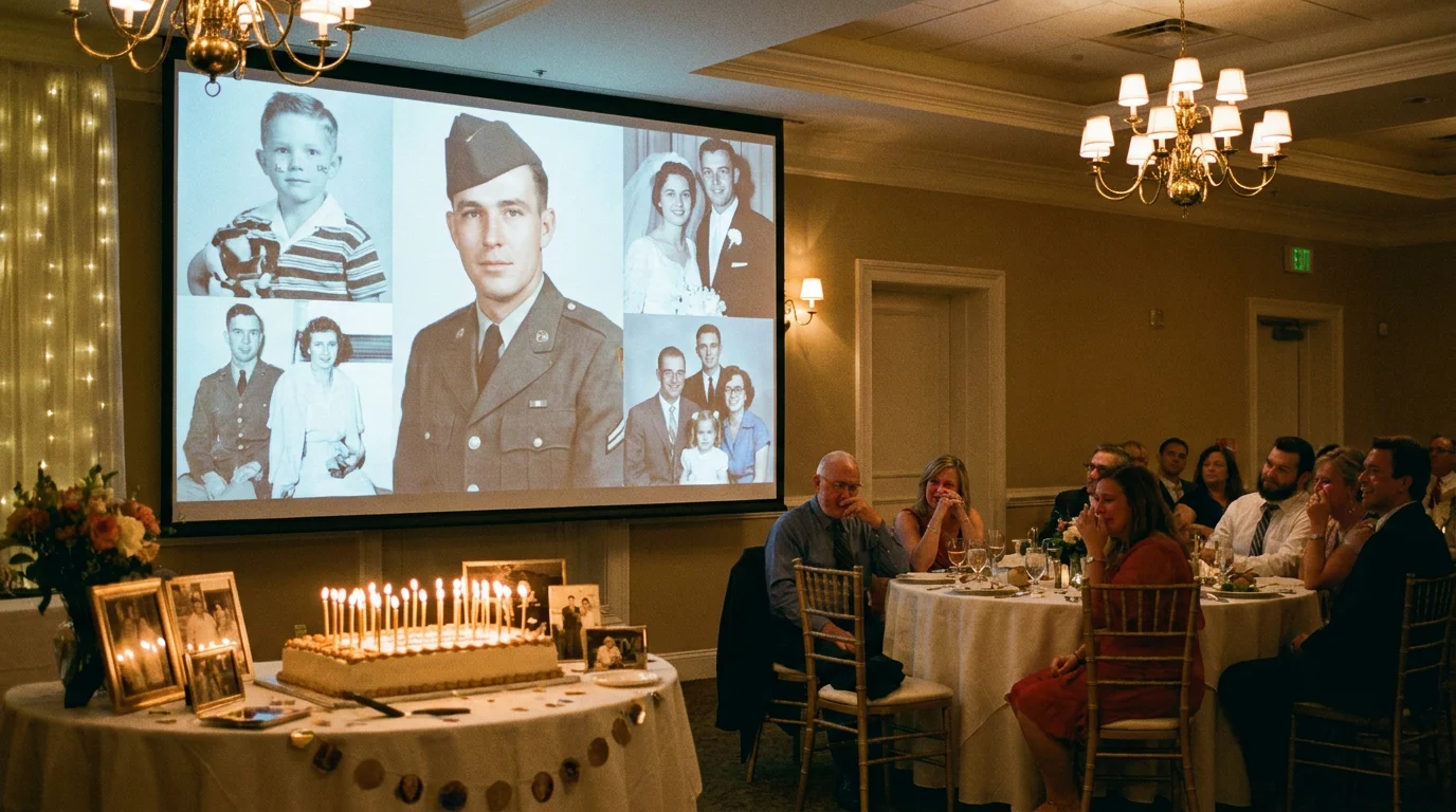 Birthday party guests watching an emotional AI video from childhood photos projected on a large screen during a milestone birthday celebration