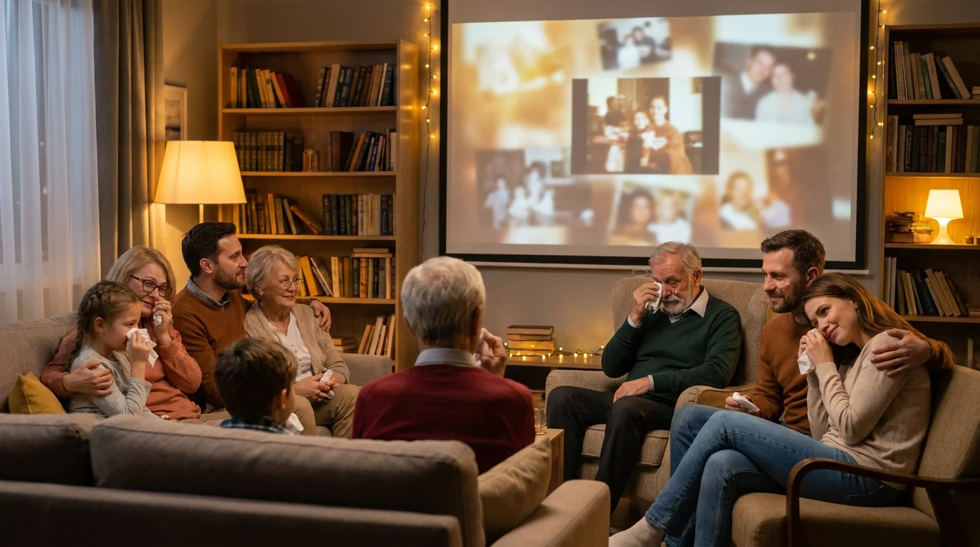 Multigenerational family watching a cinematic AI life journey video tribute together, visibly moved by the emotional memorial storytelling experience