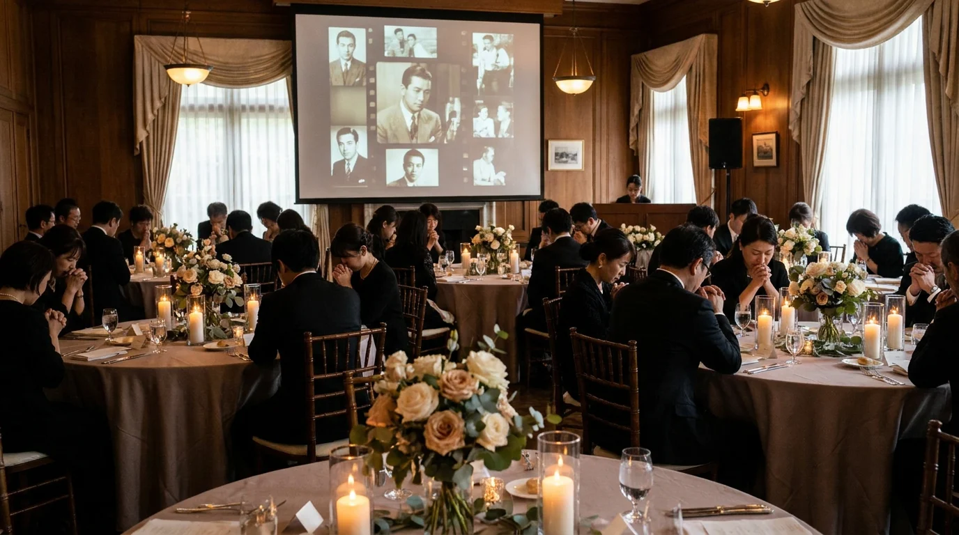 Guests at a memorial service watching a cinematic AI life journey tribute video displayed on a large screen in a warmly lit reception room