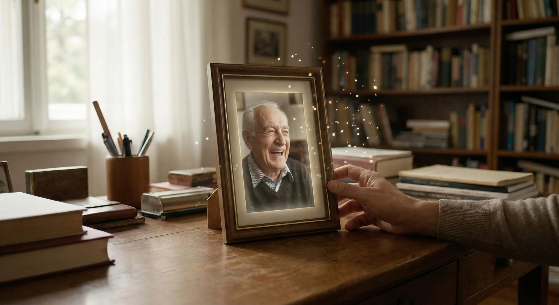 A vintage photograph on a desk transforming into a moving AI animated video