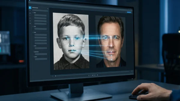 AI interface showing facial morphing between vintage child photo and modern adult portrait on a screen