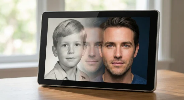 AI morphing from B&W childhood photo to color adult portrait.