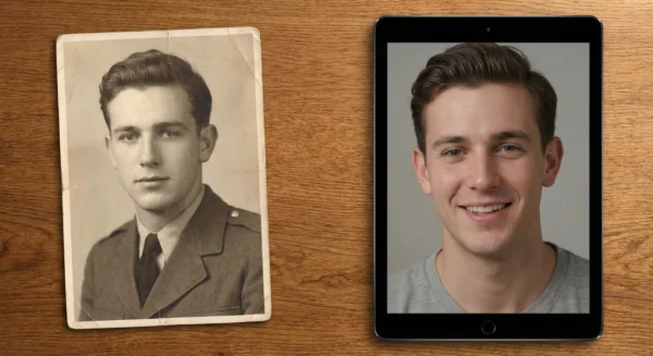 Before and after comparison of a static old photo and its AI animated video version.