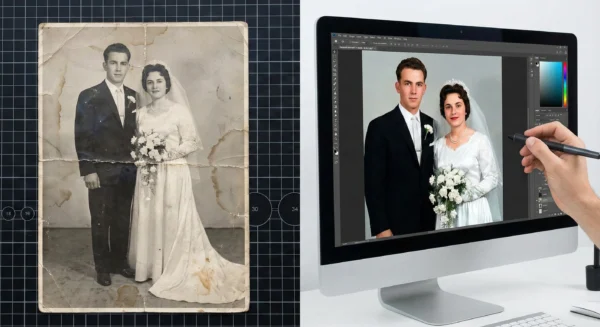 Before and after comparison of professional photo restoration.