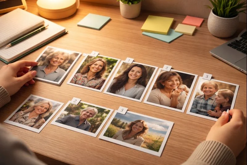 Choosing photos for a memorial video with a chronological photo timeline