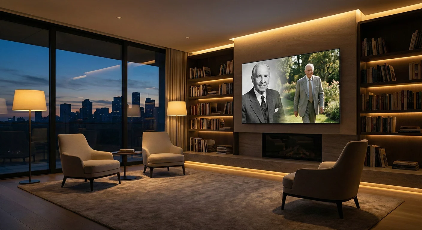 Cinematic AI portrait restoration displayed in a modern living room