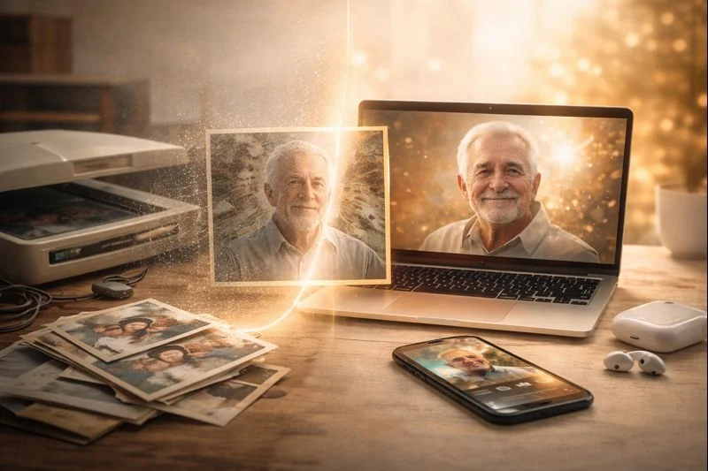 DIY vs AI professional memorial video creation with restored photo on laptop