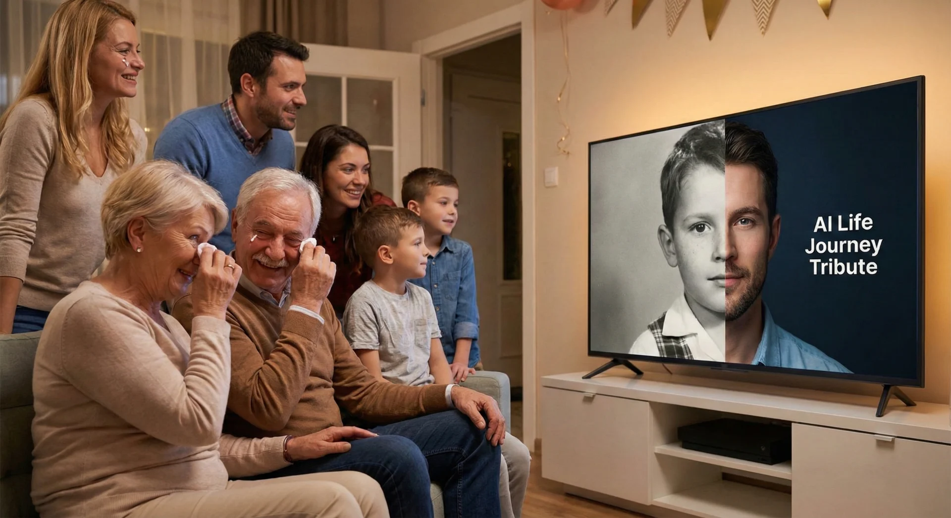 Emotional family watching an AI Life Journey tribute video