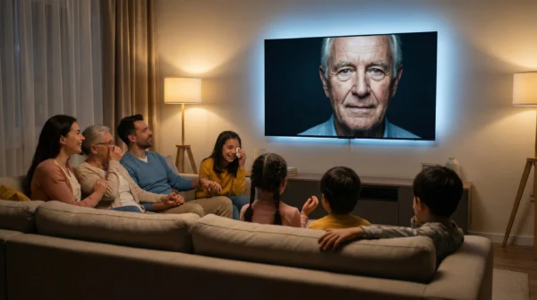 Family watching an emotional AI life journey video of a relative on a large TV in a living room