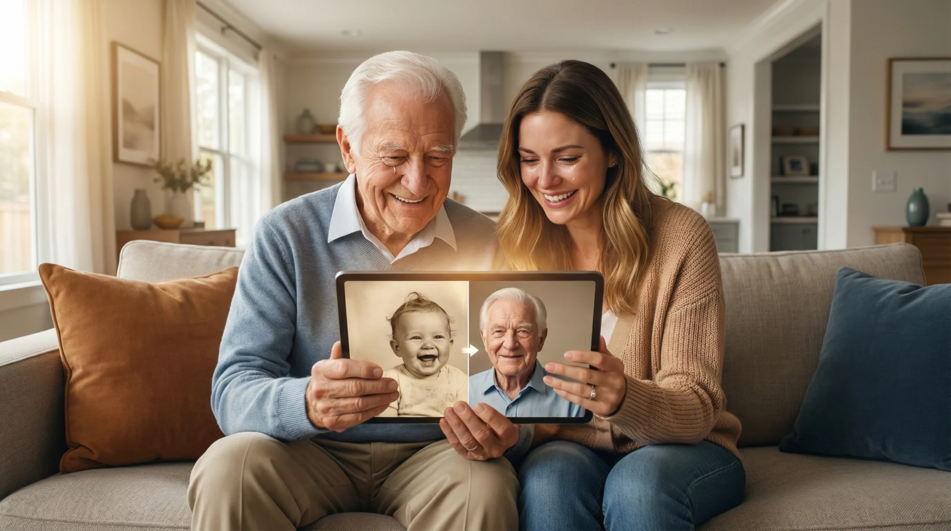 Family watching an AI morphing video on a tablet, showing a baby to adult transition
