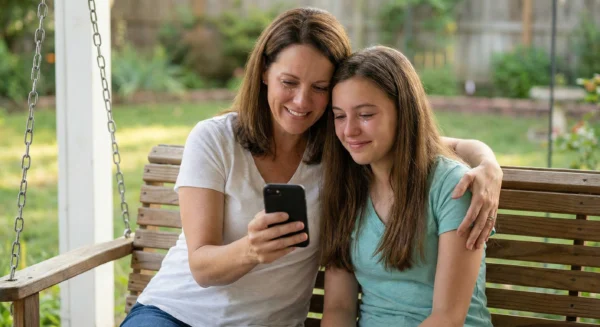 Mother and daughter watching an emotional AI generated tribute video on a smartphone