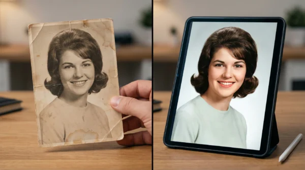 Split screen comparison Damaged sepia photo vs. restored color version on a tablet.