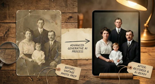 Vintage photo restoration before and after using Advanced Generative AI