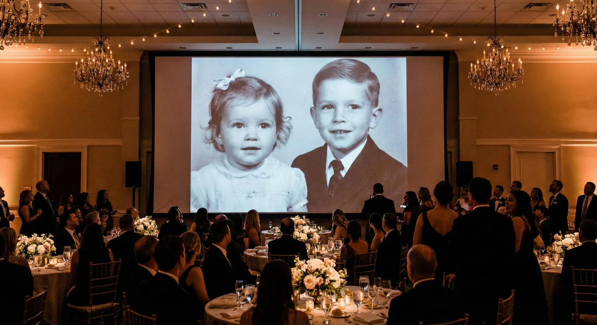 AI photo animation bringing the bride and groom's history to life during a wedding reception.