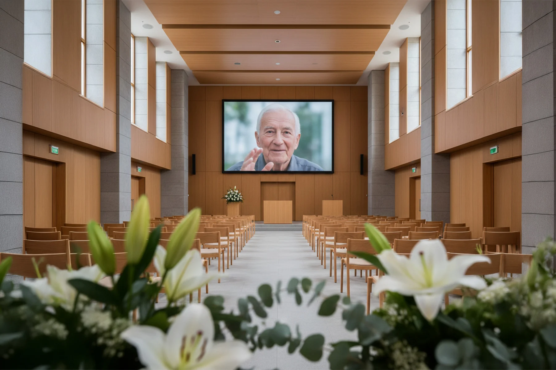 AI powered memorial video displayed in a modern funeral home setting.