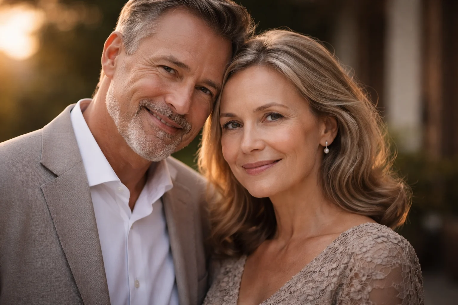 Middle-aged couple smiling together outdoors in warm natural light