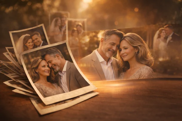 Printed photos of a couple transitioning into a cinematic portrait