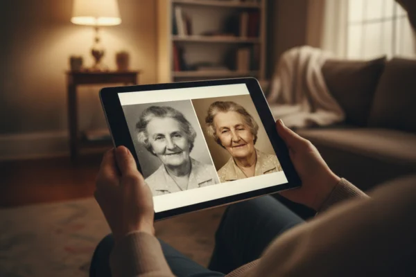 Comparison of a static vintage photo and an AI animated memorial video