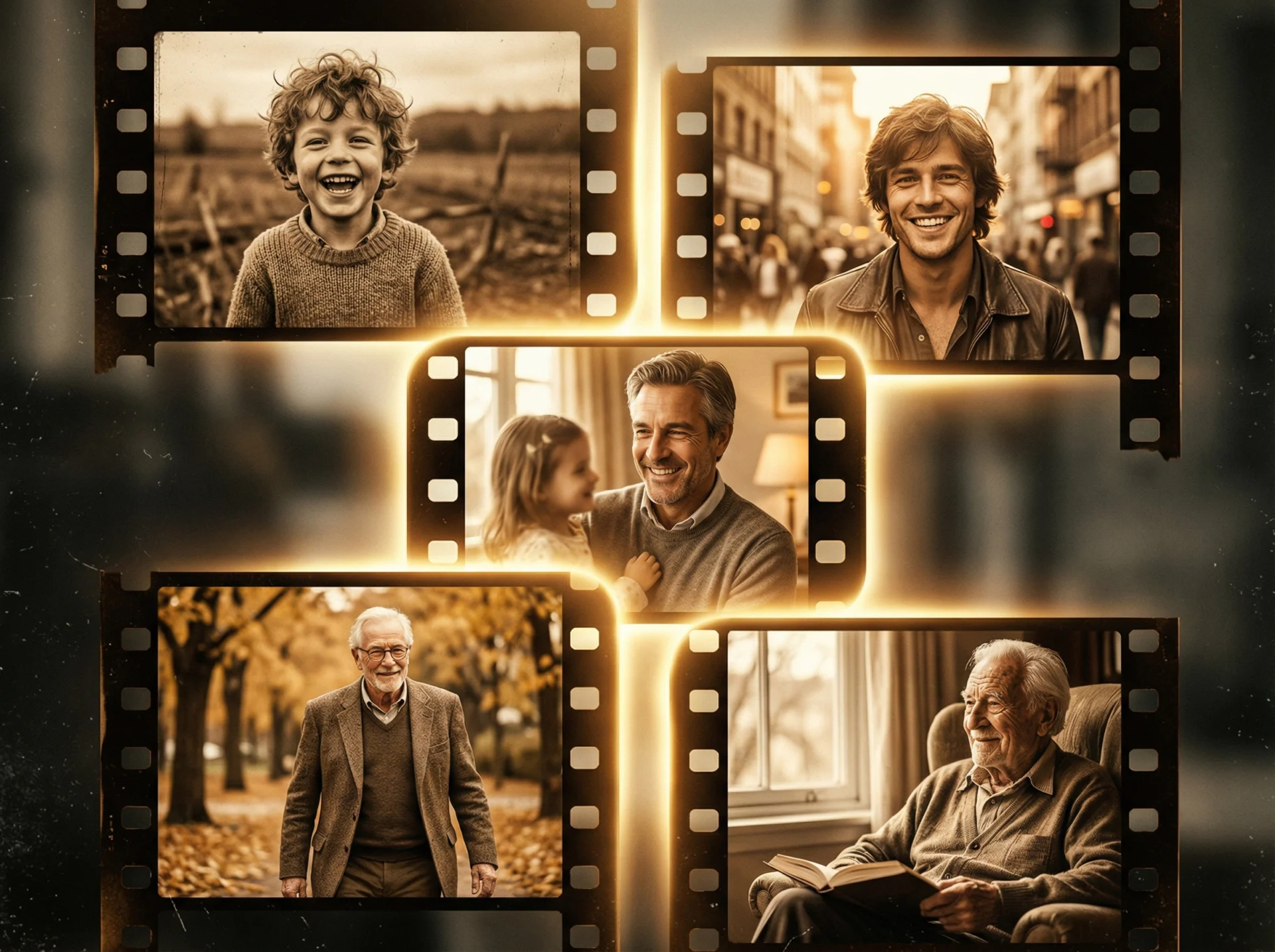 A cinematic film strip collage showing one man's life journey &mdash; from laughing child to young adult, father, and elderly grandfather