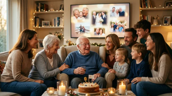 Multi-generational family gathered around an elderly man's 80th birthday, watching a life story video slideshow on TV together