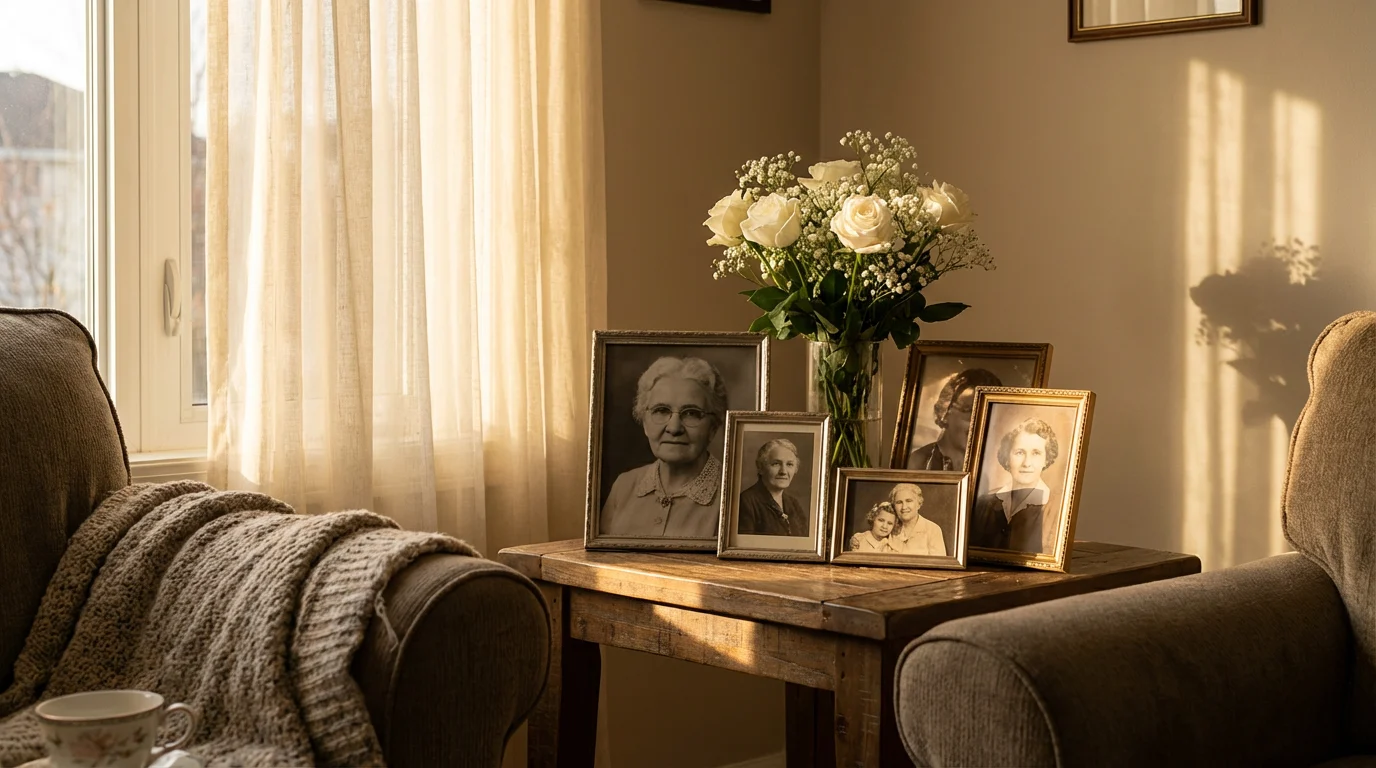 Warm living room memorial display with family photographs and white flowers, representing the emotion behind creating an AI memorial video