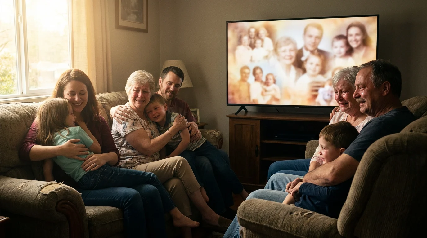 Family watching an AI life journey video together on a television in a warmly lit living room, emotional and connected