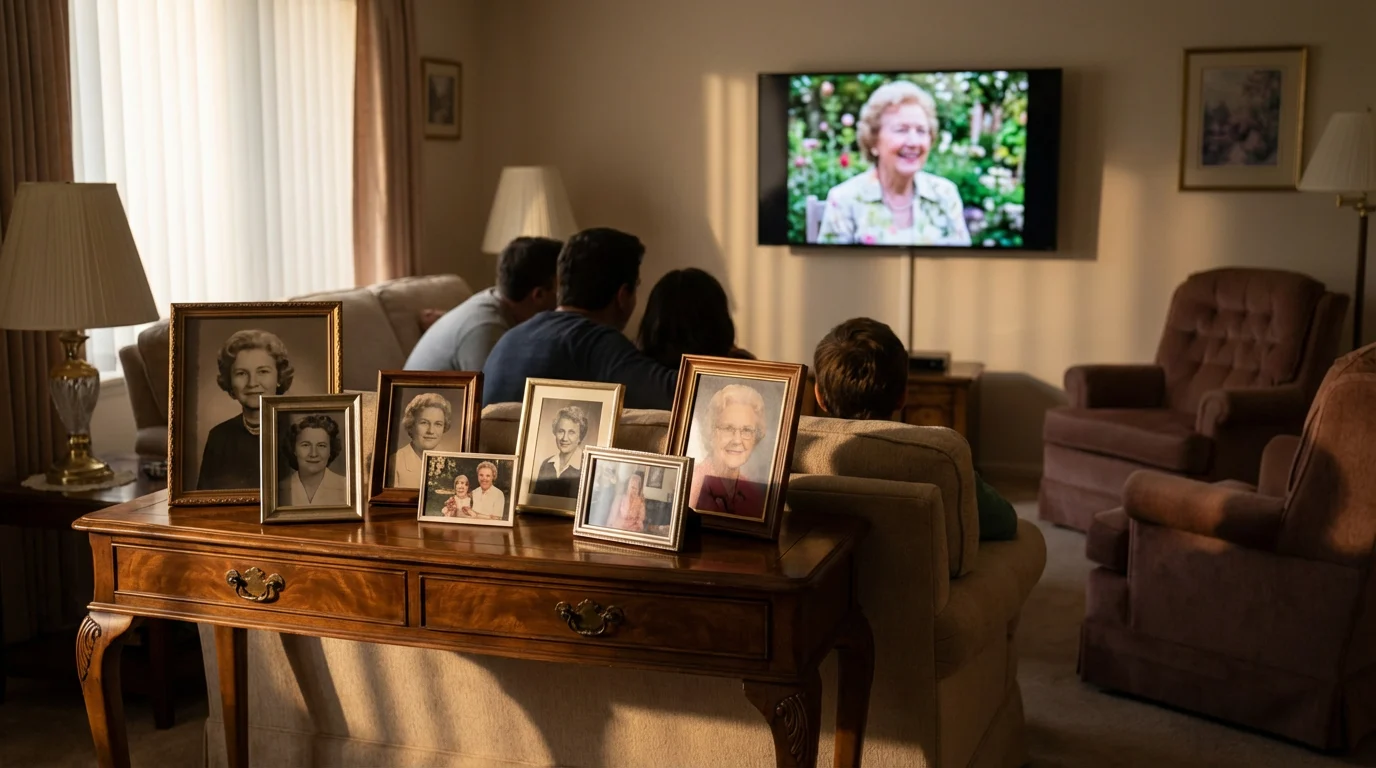 Family watching an AI memorial video tribute on a warm glowing screen surrounded by framed photographs of their loved one