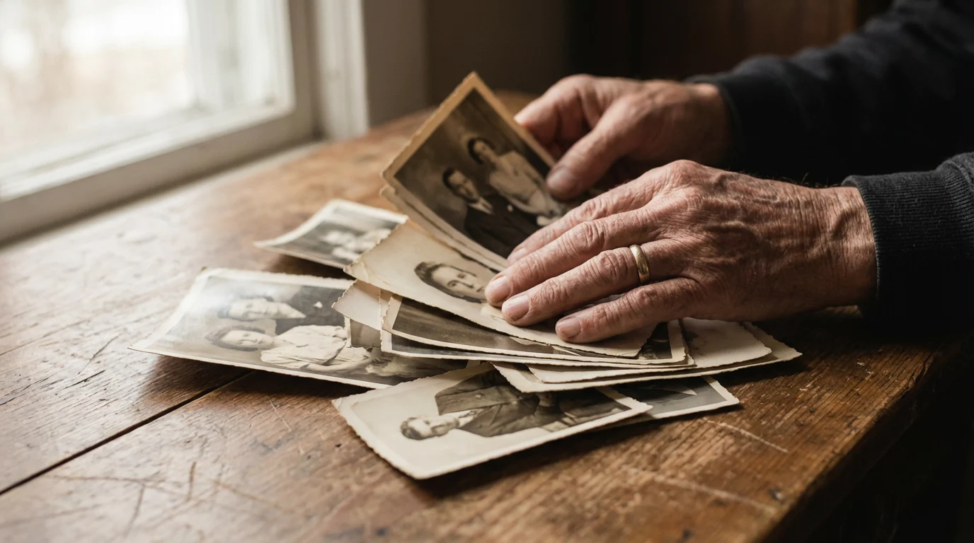 Elderly hands holding old black-and-white family photographs &mdash; bring old photos to life with cinematic AI video storytelling