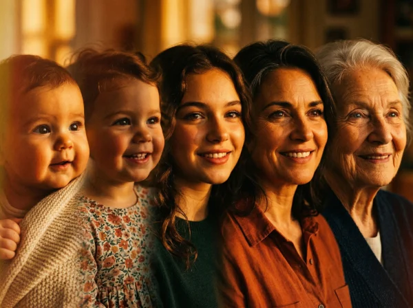 Four generations of women smiling together — baby, toddler, teenager, mother, and grandmother — representing a family's living legacy