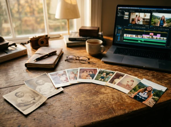 Old photos on desk with laptop