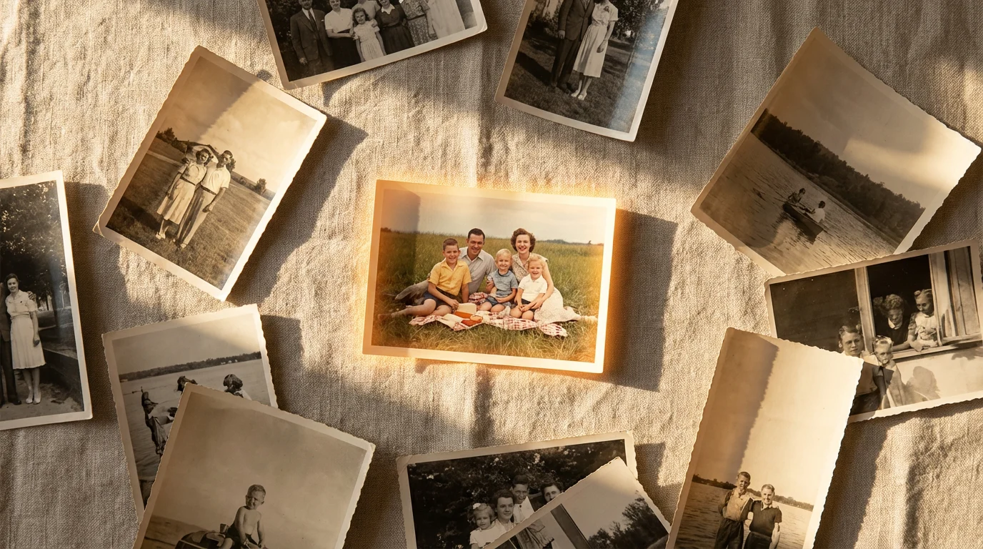 A photorealistic flat lay of scattered black and white and color photographs