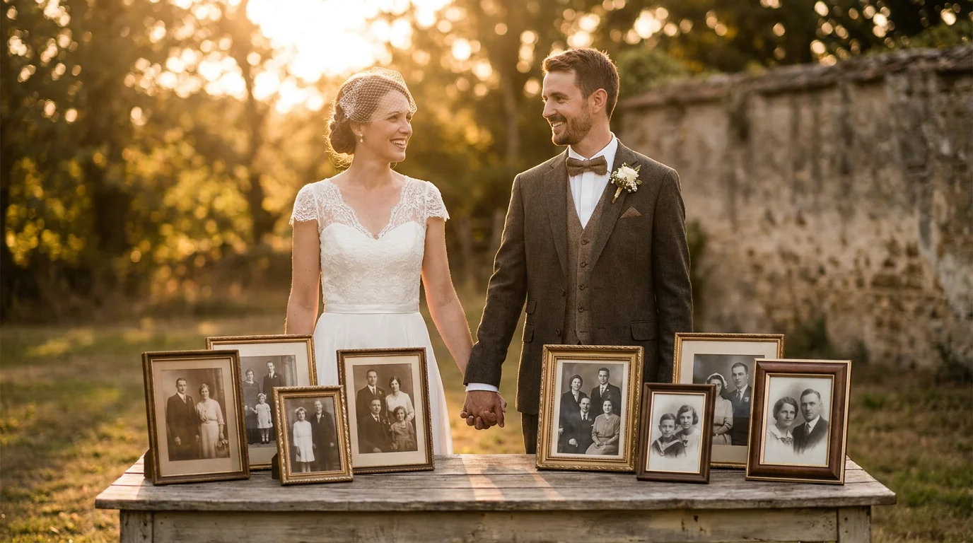 Couple viewing their wedding life story